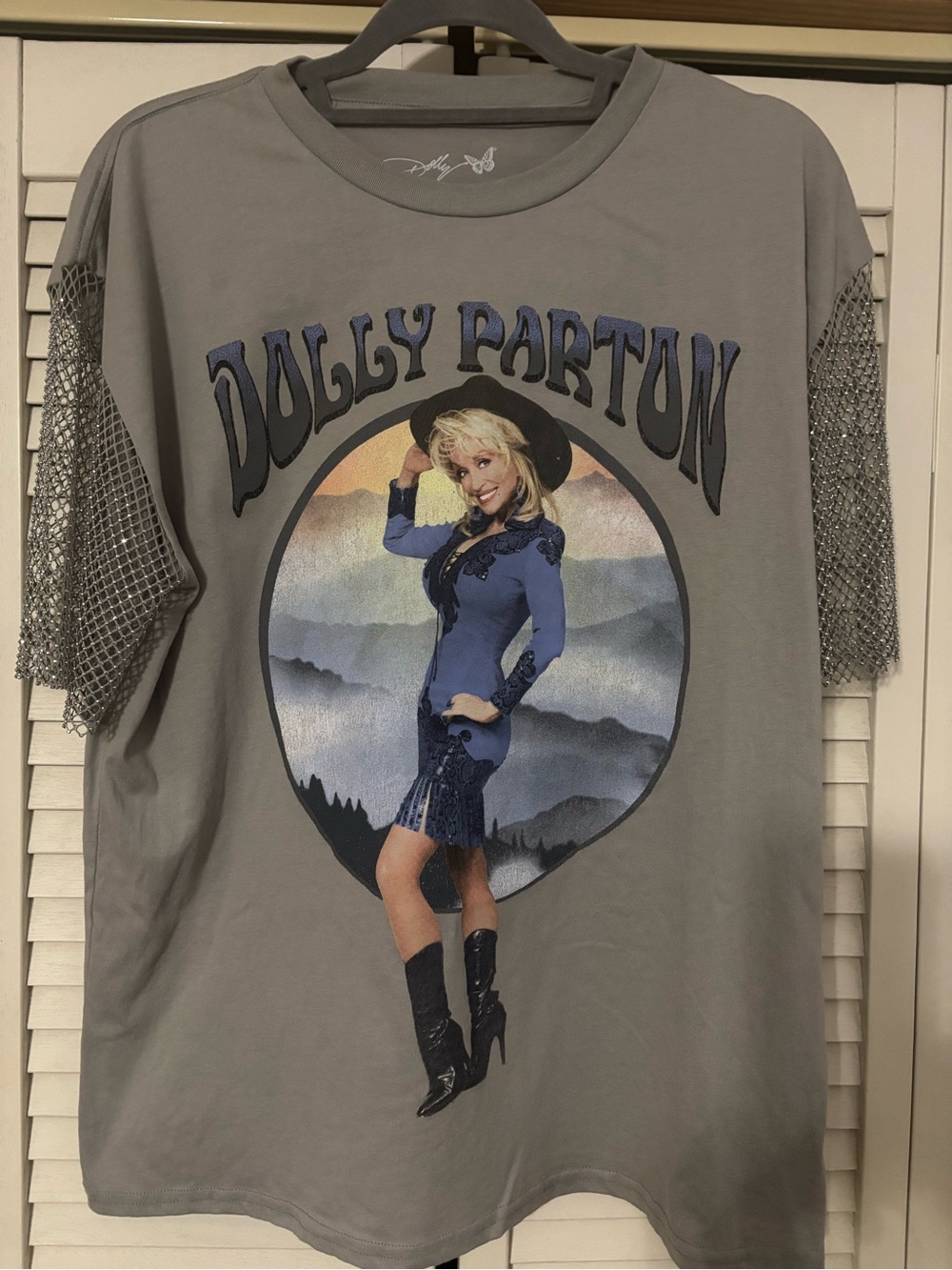 Dolly Parton Band T-Shirt with Rhinestone Mesh Sleeves
